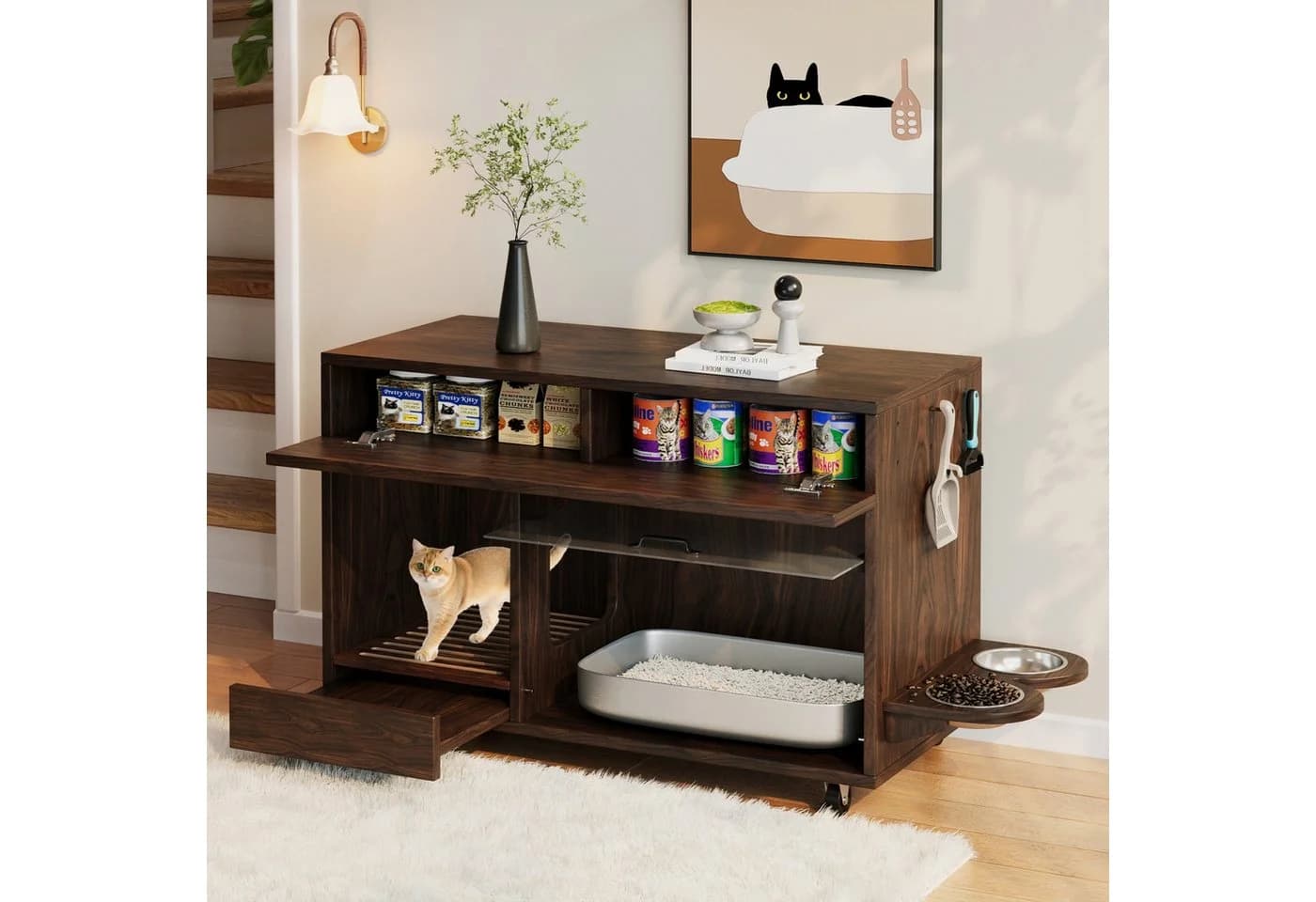 Flieks Katzentoilettenschrank mit Rollen Acryltür Nussbaum - Bild 2
