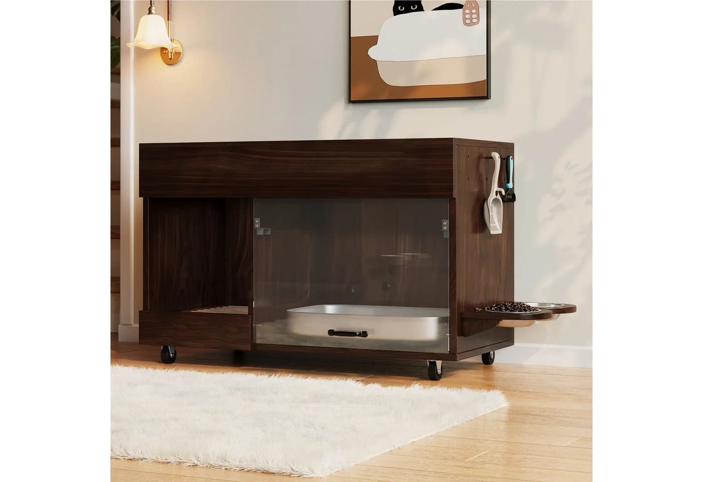 Flieks Katzentoilettenschrank mit Rollen Acryltür Nussbaum - Bild 3