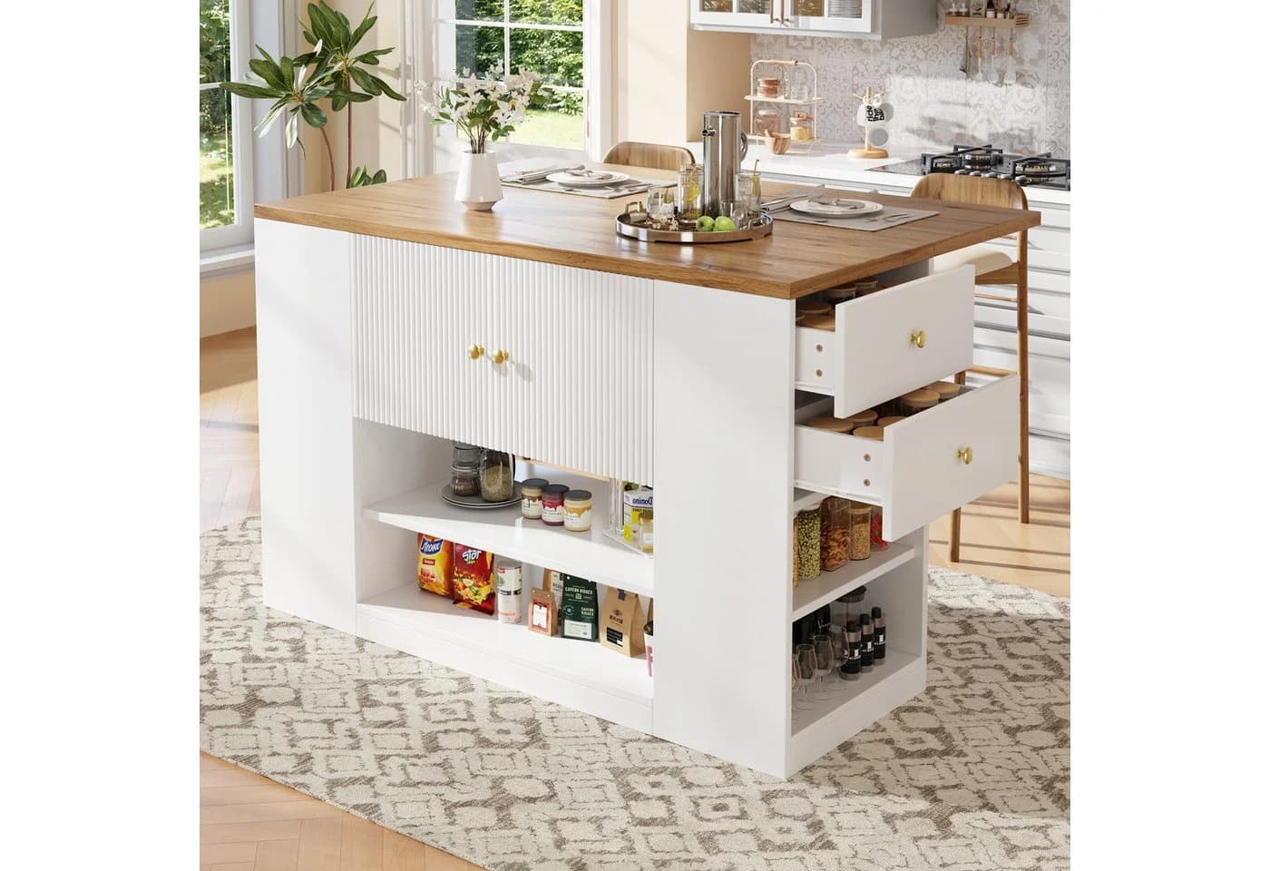 Flieks Kücheninsel mit erweiterbarer Arbeitsplatte, klappbare Tischplatte, Buffetschrank, Sideboard