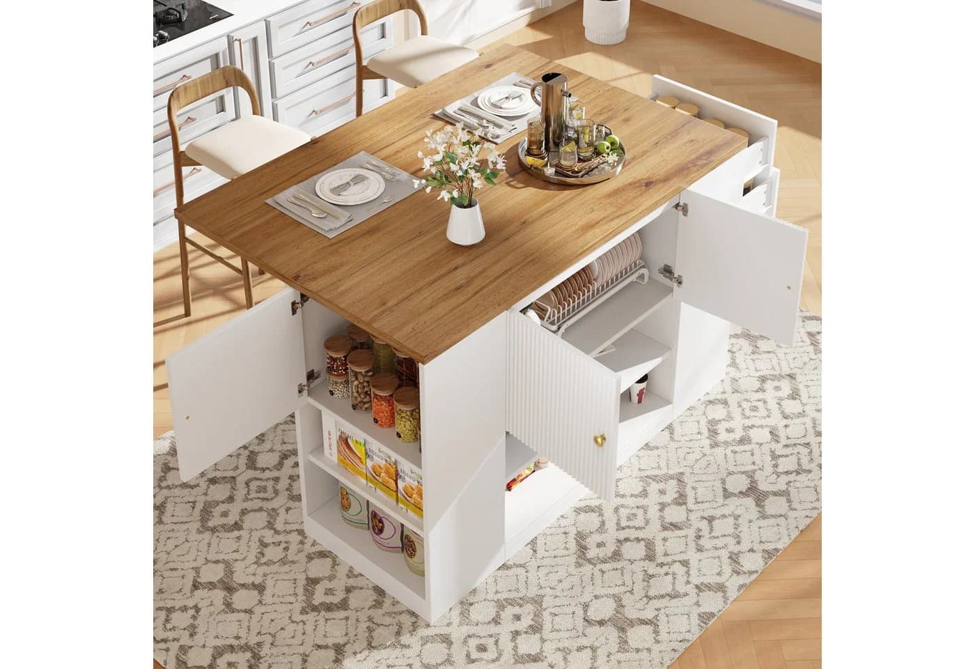 Flieks Kücheninsel mit erweiterbarer Arbeitsplatte, klappbare Tischplatte, Buffetschrank, Sideboard - Bild 2