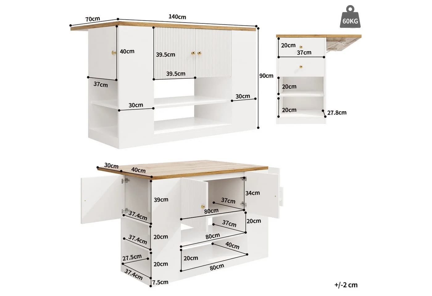 Flieks Kücheninsel mit erweiterbarer Arbeitsplatte, klappbare Tischplatte, Buffetschrank, Sideboard - Bild 5
