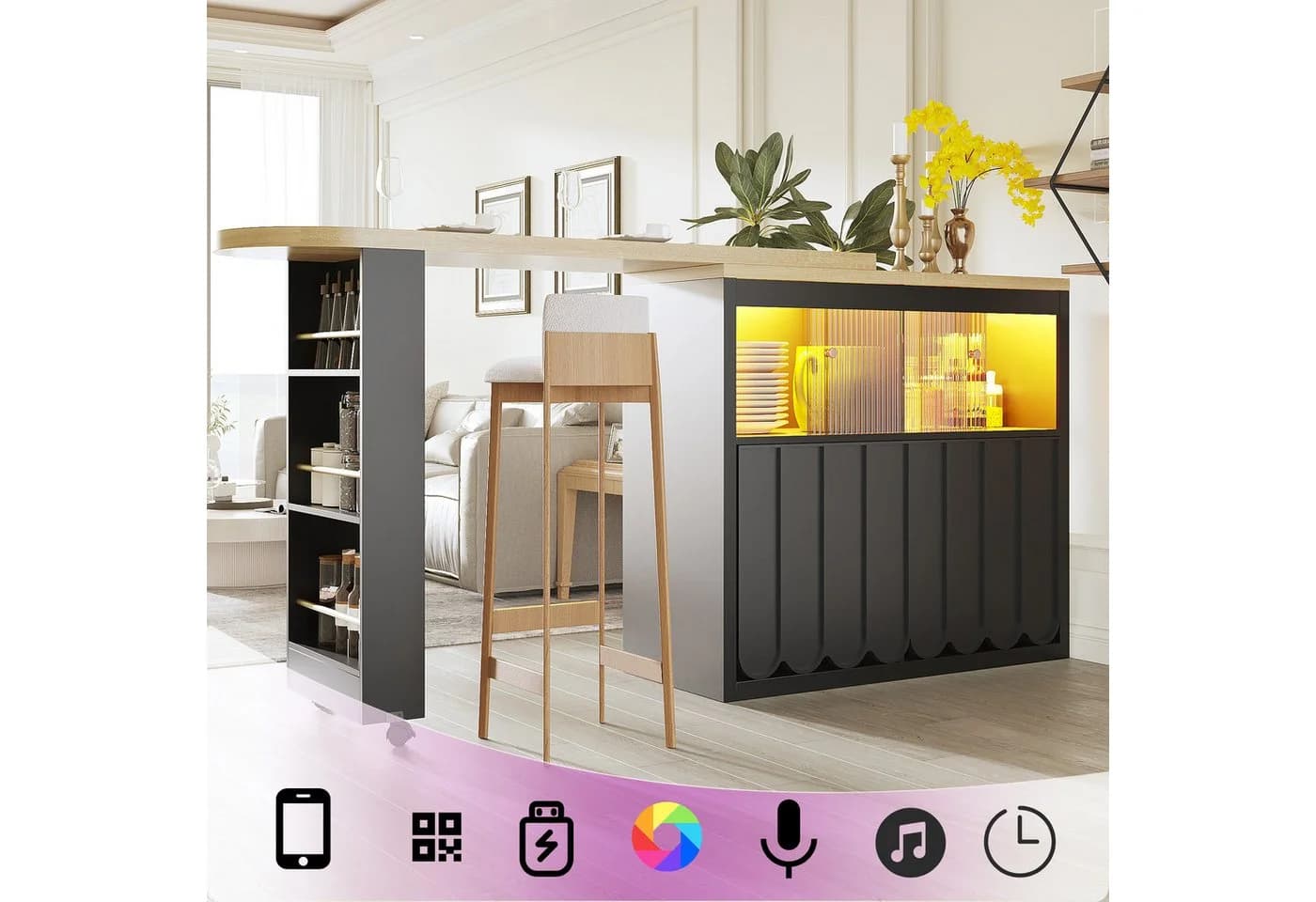 Flieks Bartisch 360° drehbar LED-Beleuchtung Glas-Schiebetüren Schwarz - Bild 2