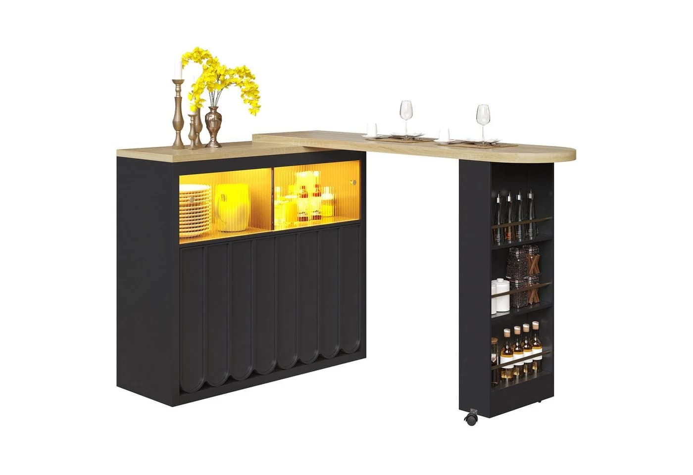 Flieks Bartisch 360° drehbar LED-Beleuchtung Glas-Schiebetüren Schwarz - Bild 4