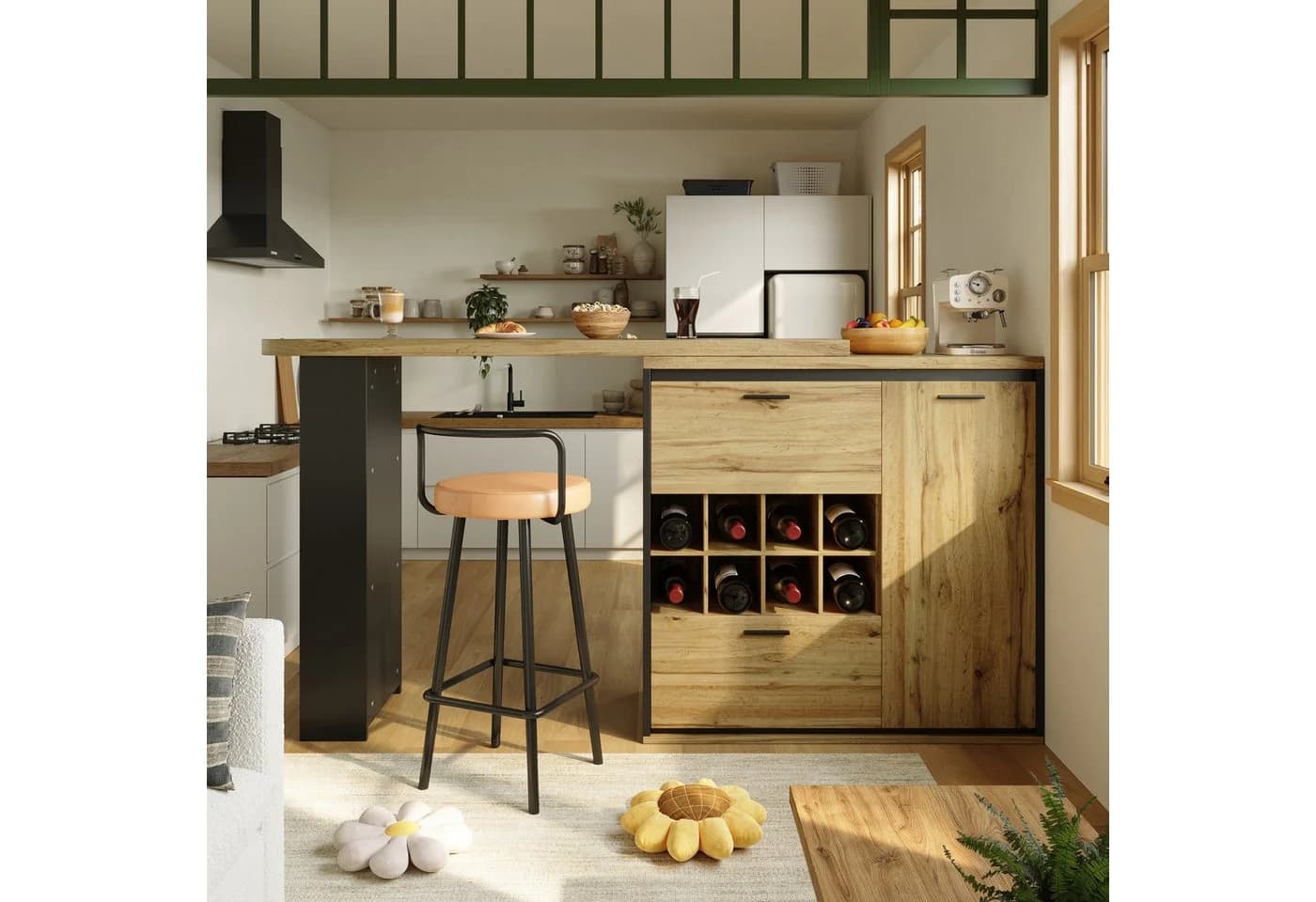Flieks Bartisch 360° drehbar Esstisch & Mehrzweckschrank mit Weinregal Holzoptik - Bild 2