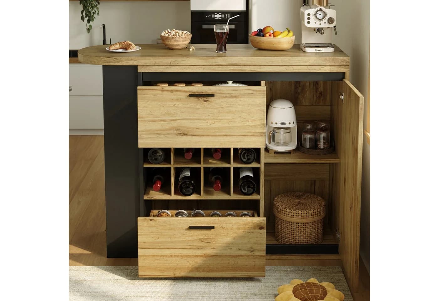 Flieks Bartisch 360° drehbar Esstisch & Mehrzweckschrank mit Weinregal Holzoptik - Bild 3