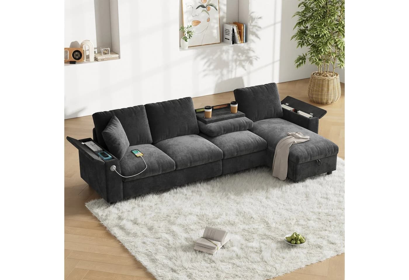Flieks Ecksofa 4-Sitzer Grau Chenille mit USB, Typ-C & Bettkasten - Bild 2