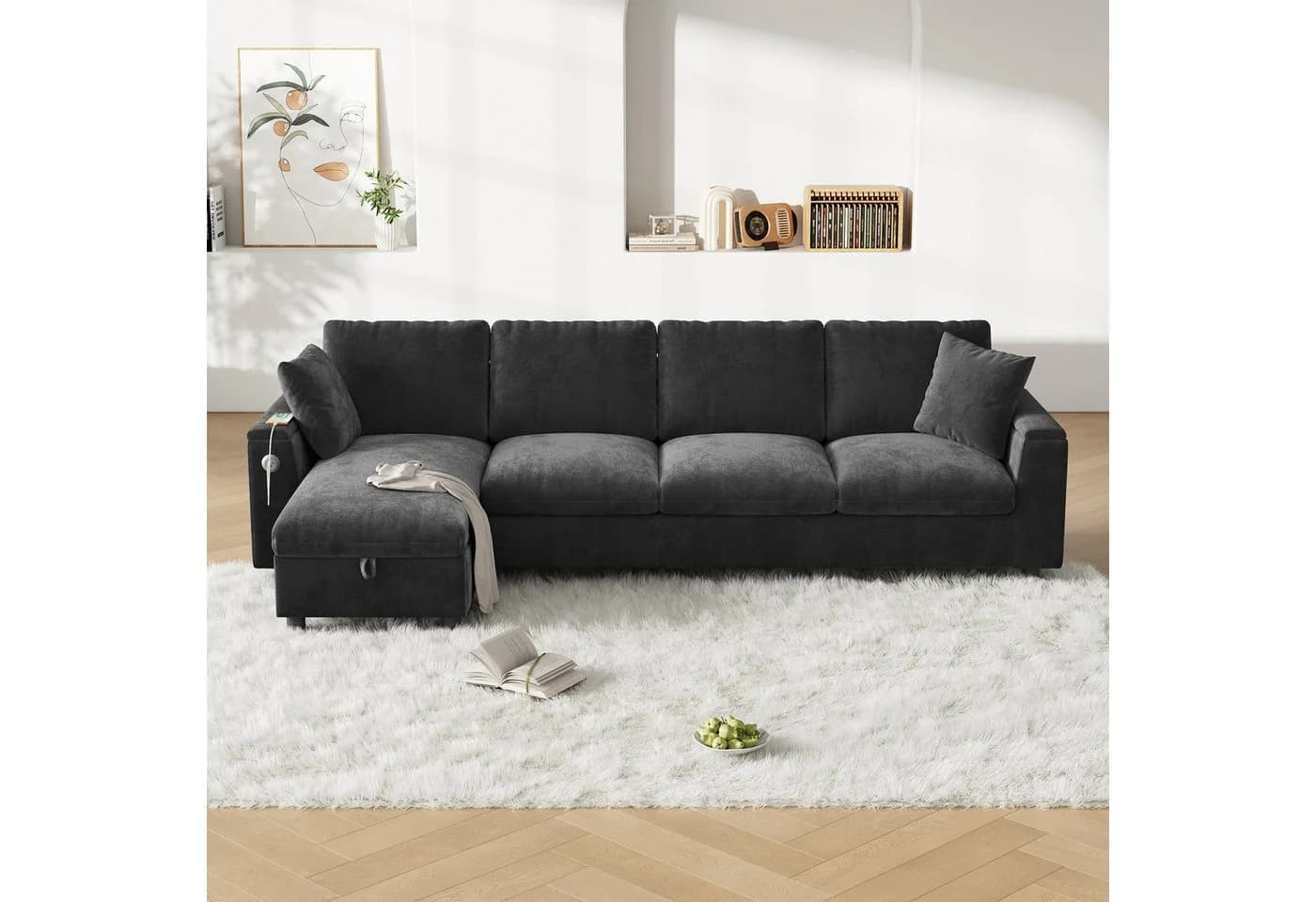 Flieks Ecksofa 4-Sitzer Grau Chenille mit USB, Typ-C & Bettkasten - Bild 3