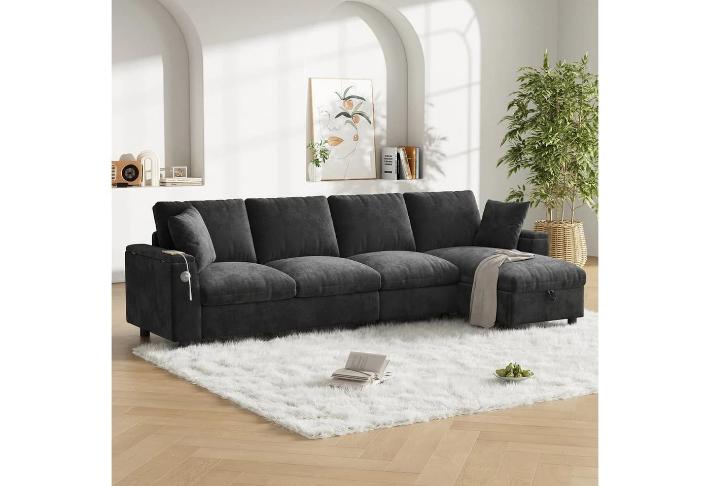 Flieks Ecksofa 4-Sitzer Grau Chenille mit USB, Typ-C & Bettkasten - Bild 4