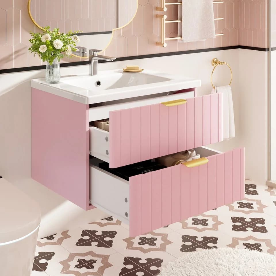 Flieks Waschtisch Waschbeckenunterschrank mit Waschbecken Waschplatz Rosa - Bild 2