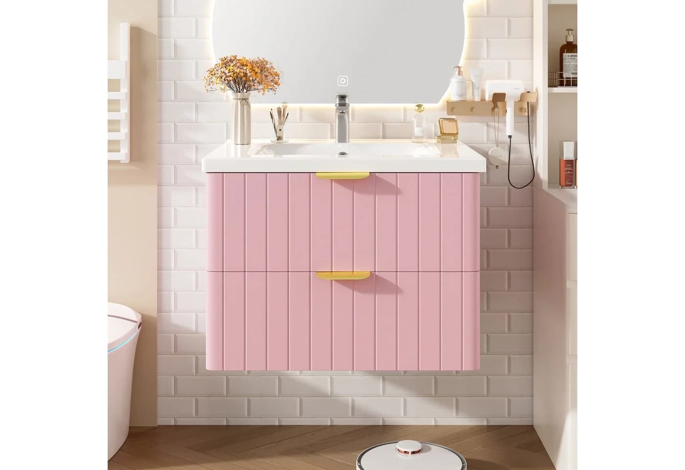 Flieks Waschtisch Waschbeckenunterschrank mit Waschbecken Waschplatz Rosa - Bild 3