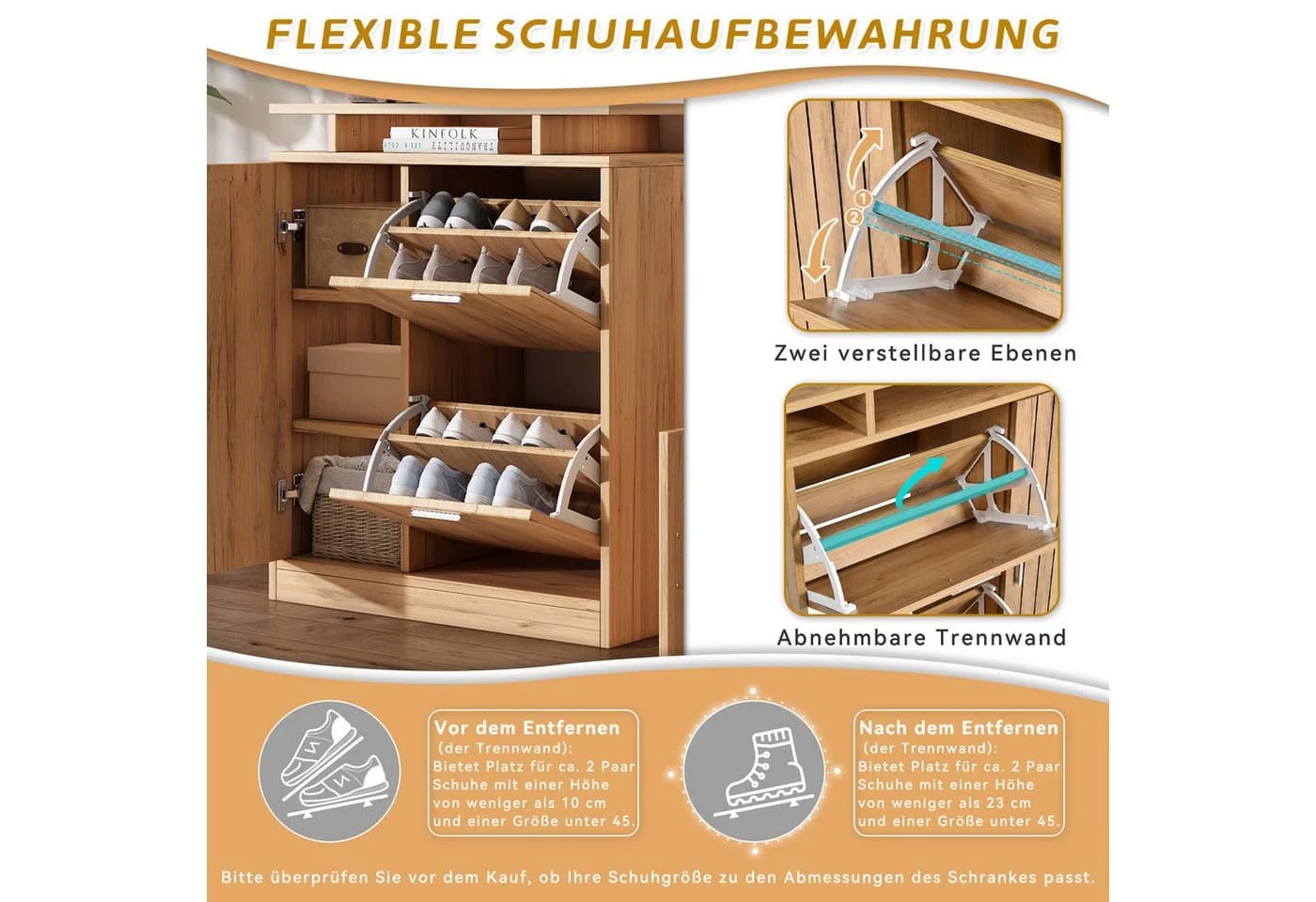 Flieks Garderoben-Set Garderobe mit 1 Spiegel, 4 Haken, Schuhschrank, Sitzbank in Holzoptik - Bild 5