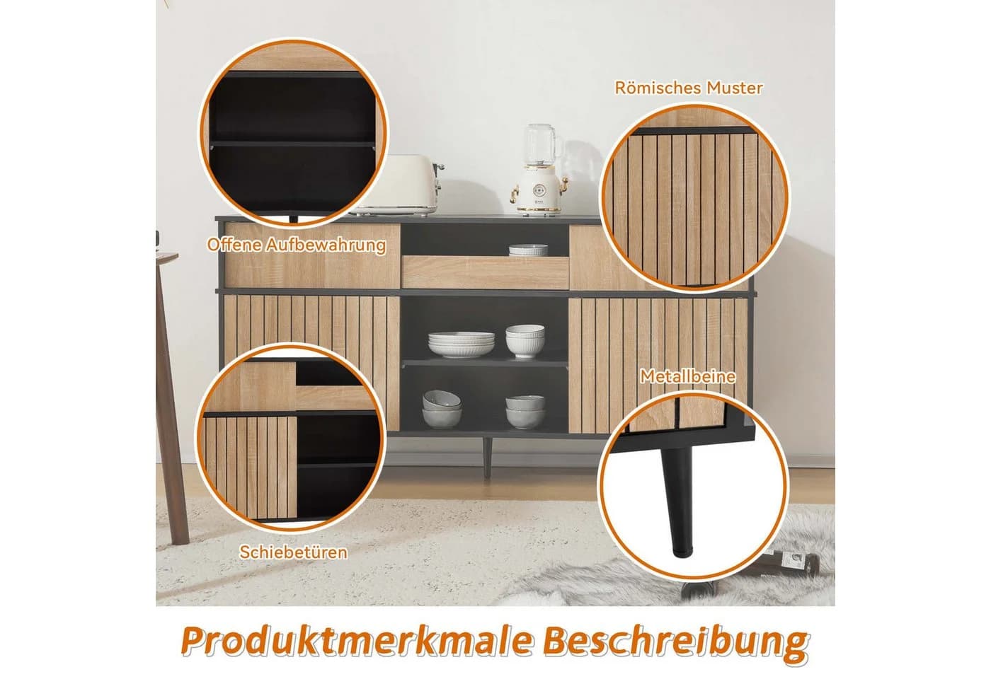 Flieks Kommode mit 4 Schiebetüren und 1 Schublade Holzoptik - Bild 5