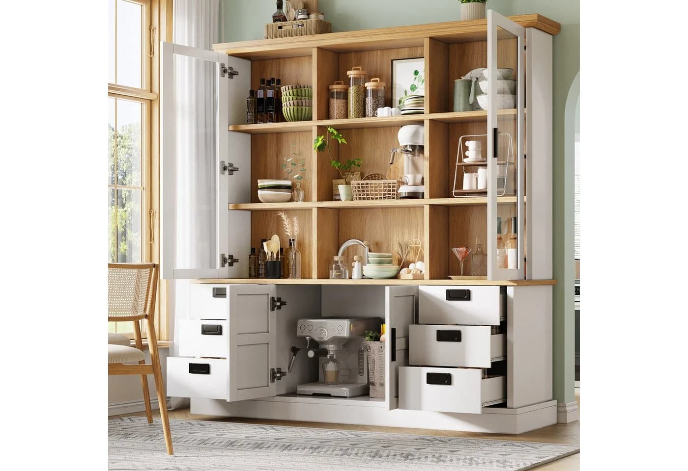 Flieks Küchenbuffet Hochschrank Weiß mit Glastüren & Schubladen