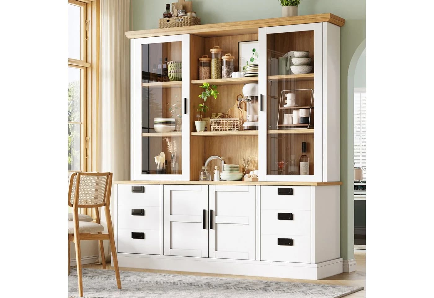 Flieks Küchenbuffet Hochschrank Weiß mit Glastüren & Schubladen - Bild 2