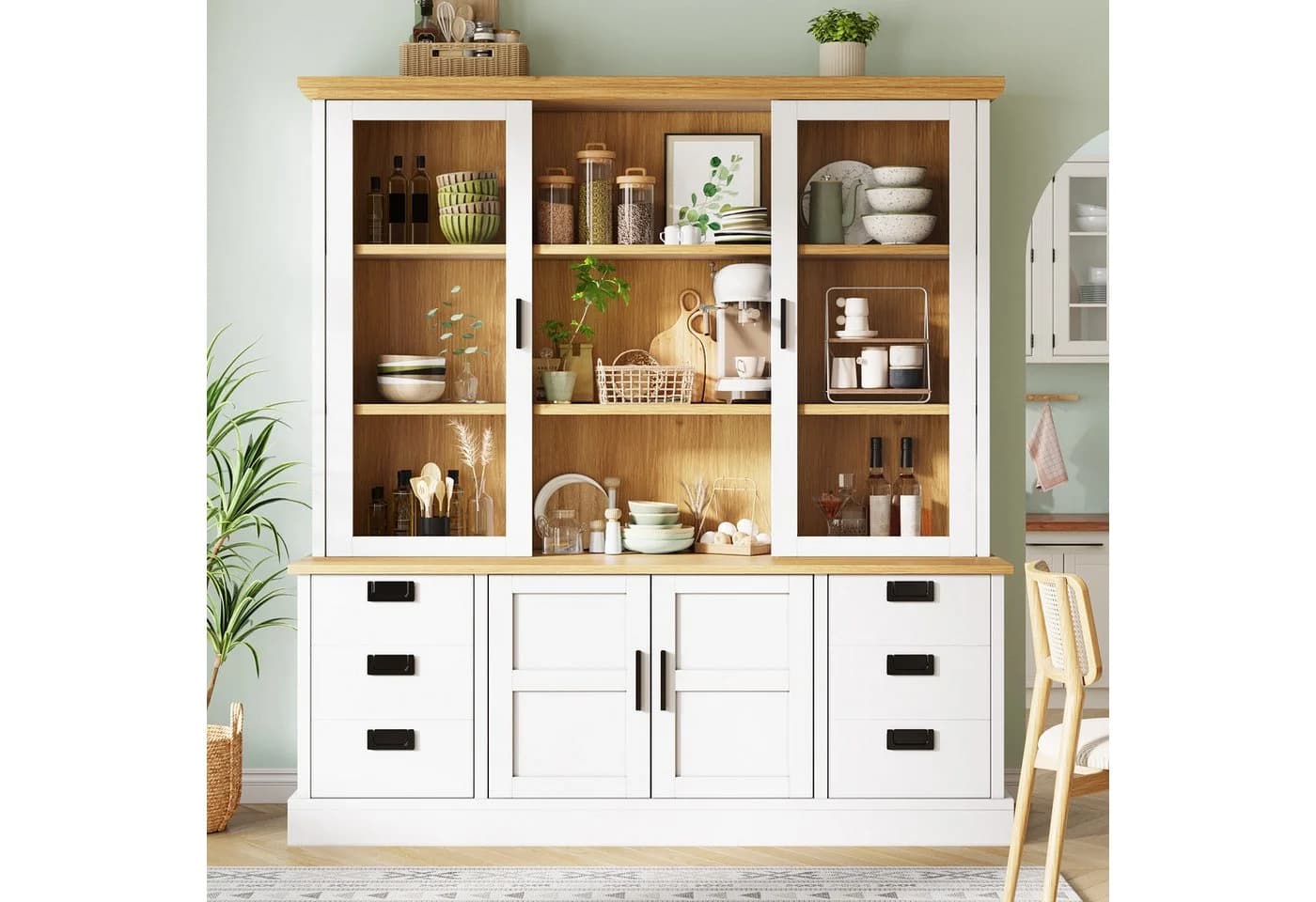 Flieks Küchenbuffet Hochschrank Weiß mit Glastüren & Schubladen - Bild 3