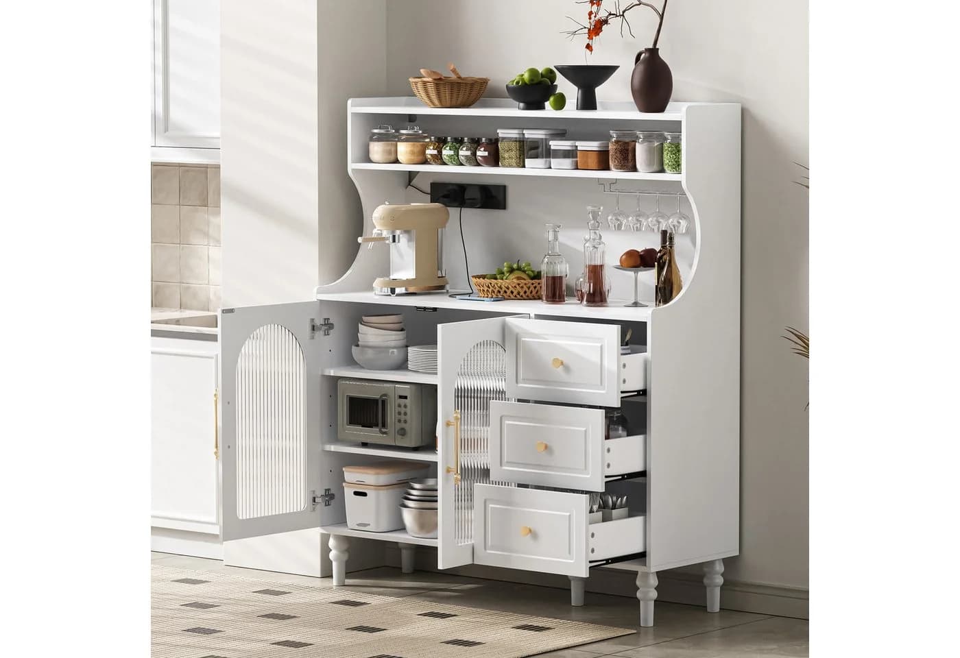 Flieks Küchenbuffet mit Steckdosen, Gläserhalter, Schubladen und Glastüren - Bild 4