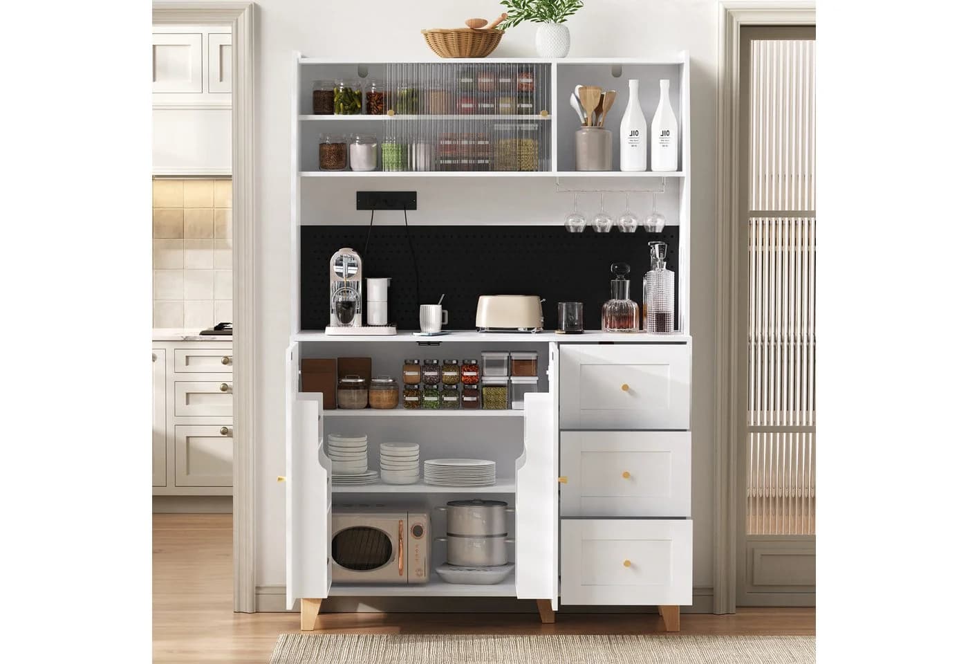 Flieks Küchenbuffet mit Steckdosen, Lochwand, Gläserhalter, Glas-Schiebetür und Schubladen - Bild 3