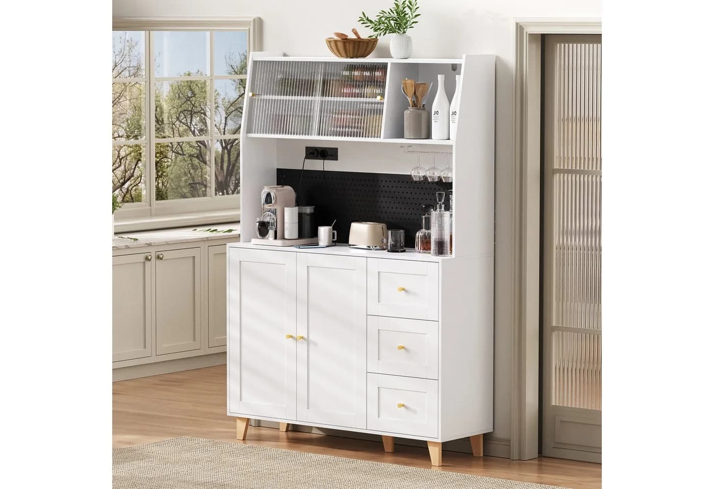Flieks Küchenbuffet mit Steckdosen, Lochwand, Gläserhalter, Glas-Schiebetür und Schubladen - Bild 4