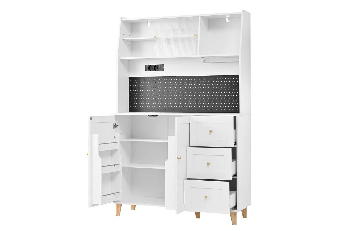 Flieks Küchenbuffet mit Steckdosen, Lochwand, Gläserhalter, Glas-Schiebetür und Schubladen - Bild 5