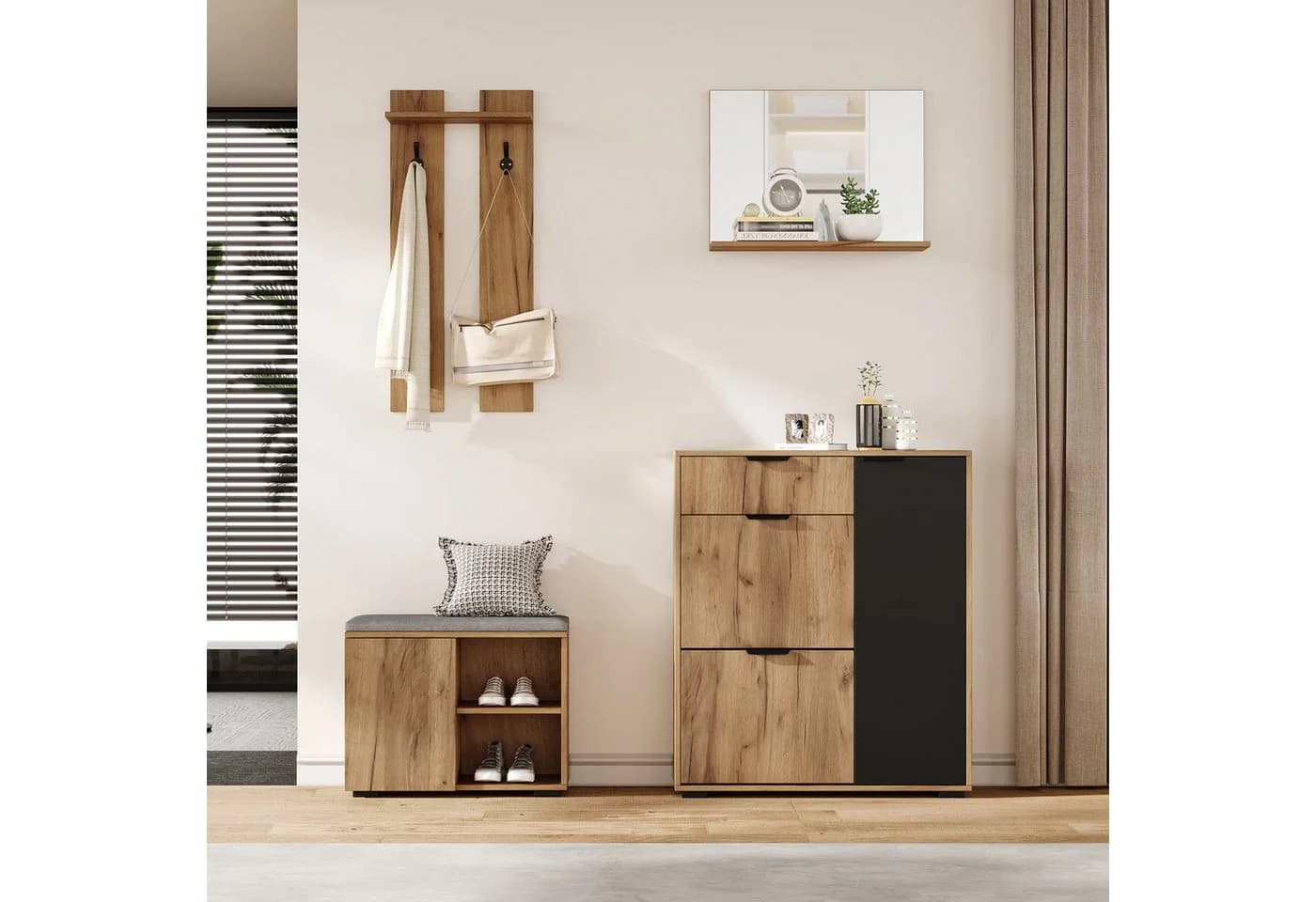 Flieks Garderoben-Set Garderobe mit Spiegel, 2 Haken, Schuhschrank und Sitzbank