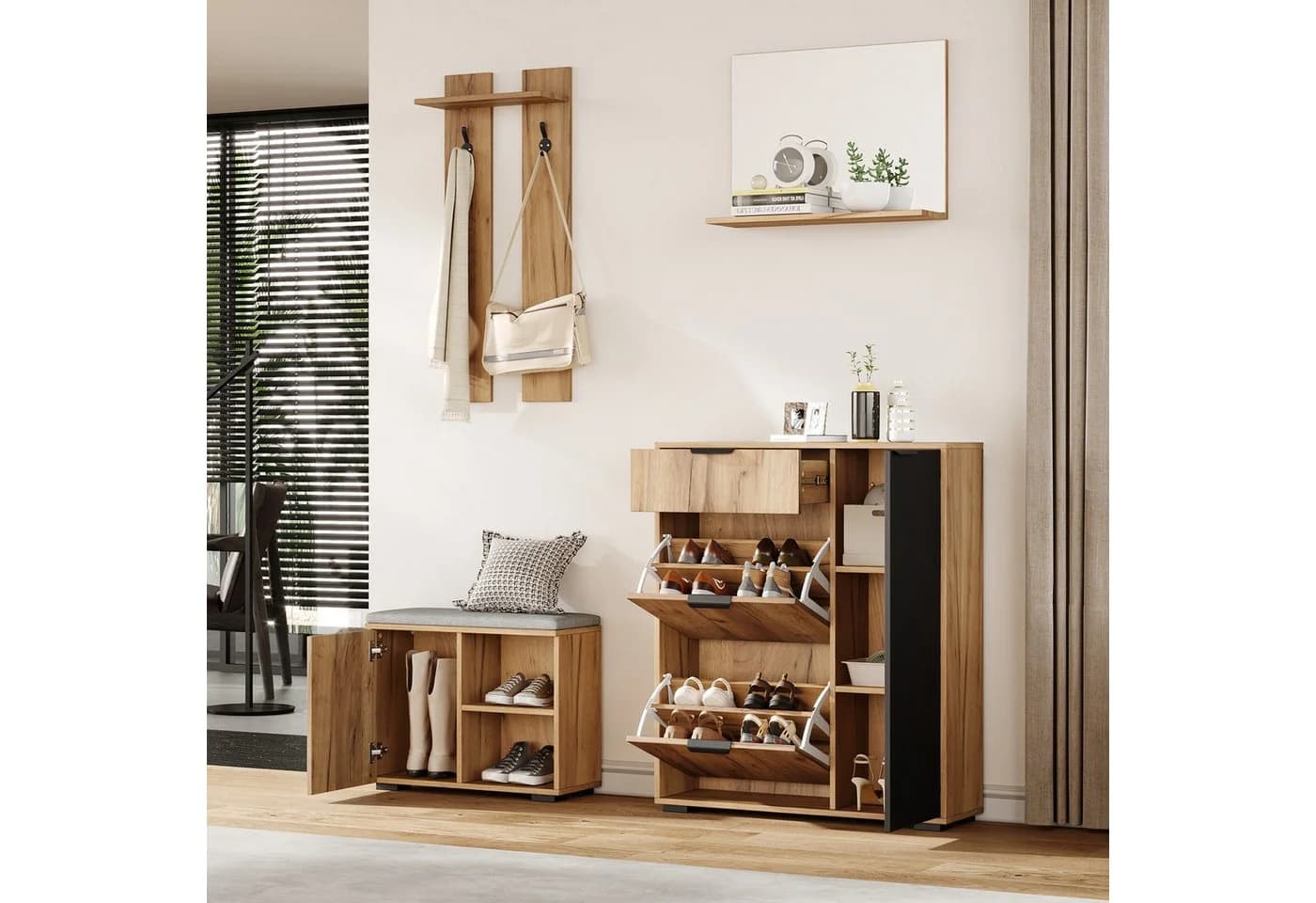 Flieks Garderoben-Set Garderobe mit Spiegel, 2 Haken, Schuhschrank und Sitzbank - Bild 2