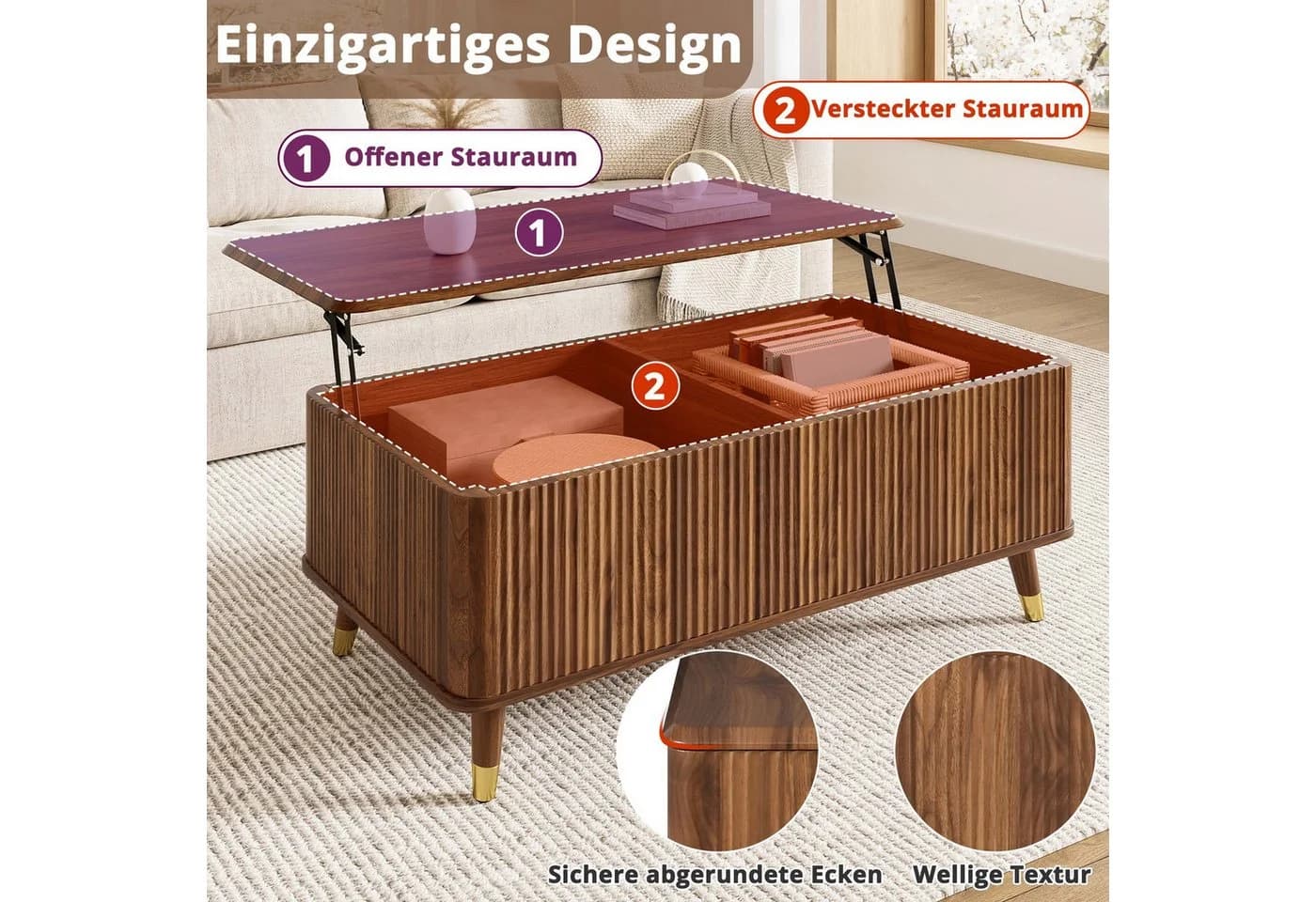 Merax Retro Couchtisch höhenverstellbar mit Stauraum Walnuss - Bild 5