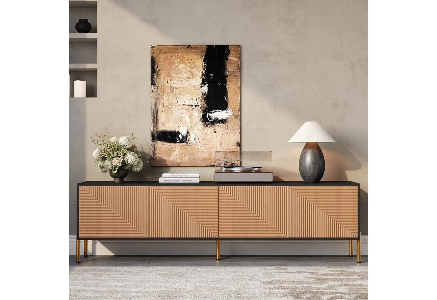 Merax Lowboard Schwarz Gold TV-Schrank Strukturfront