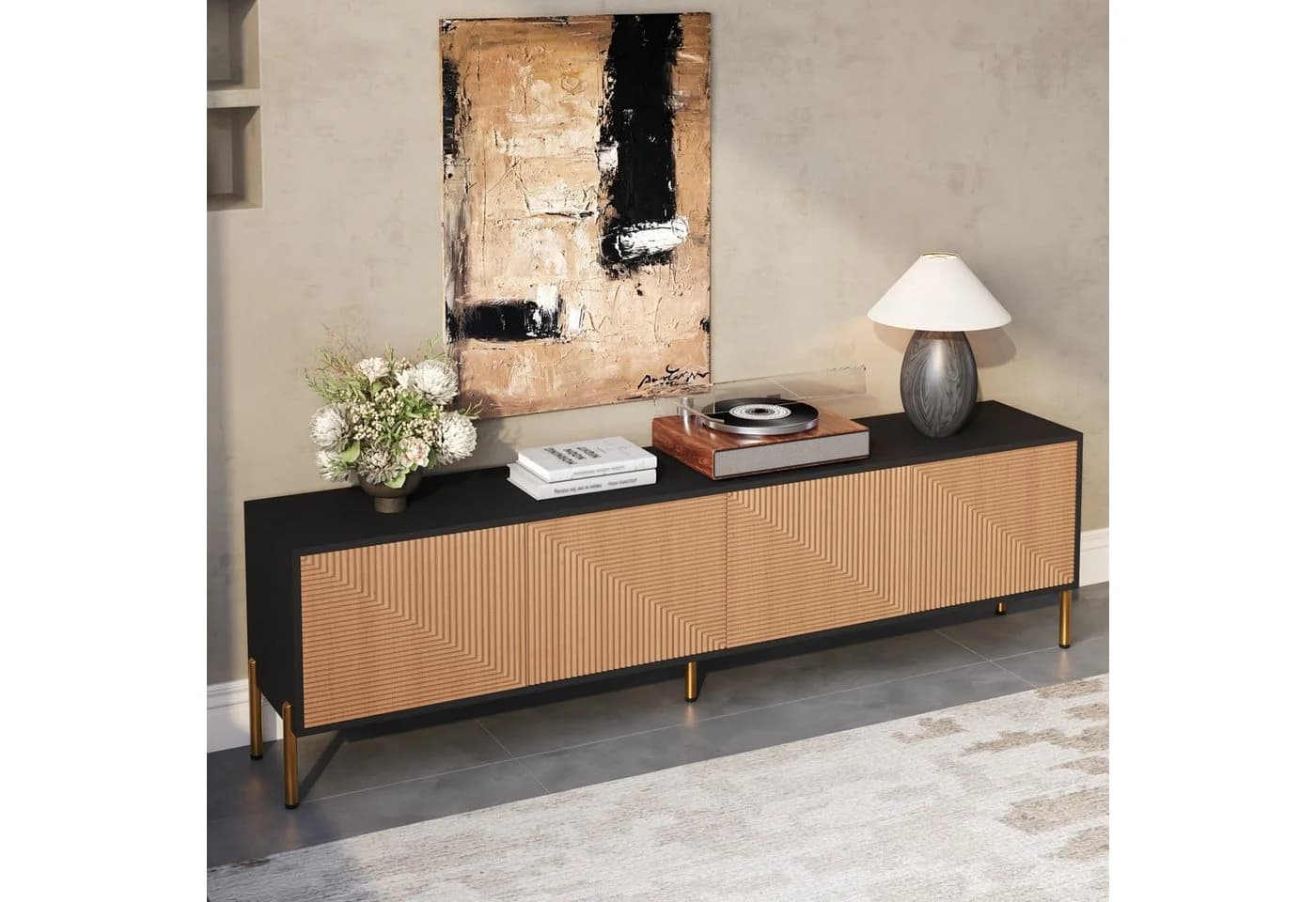 Merax Lowboard Schwarz Gold TV-Schrank Strukturfront - Bild 4