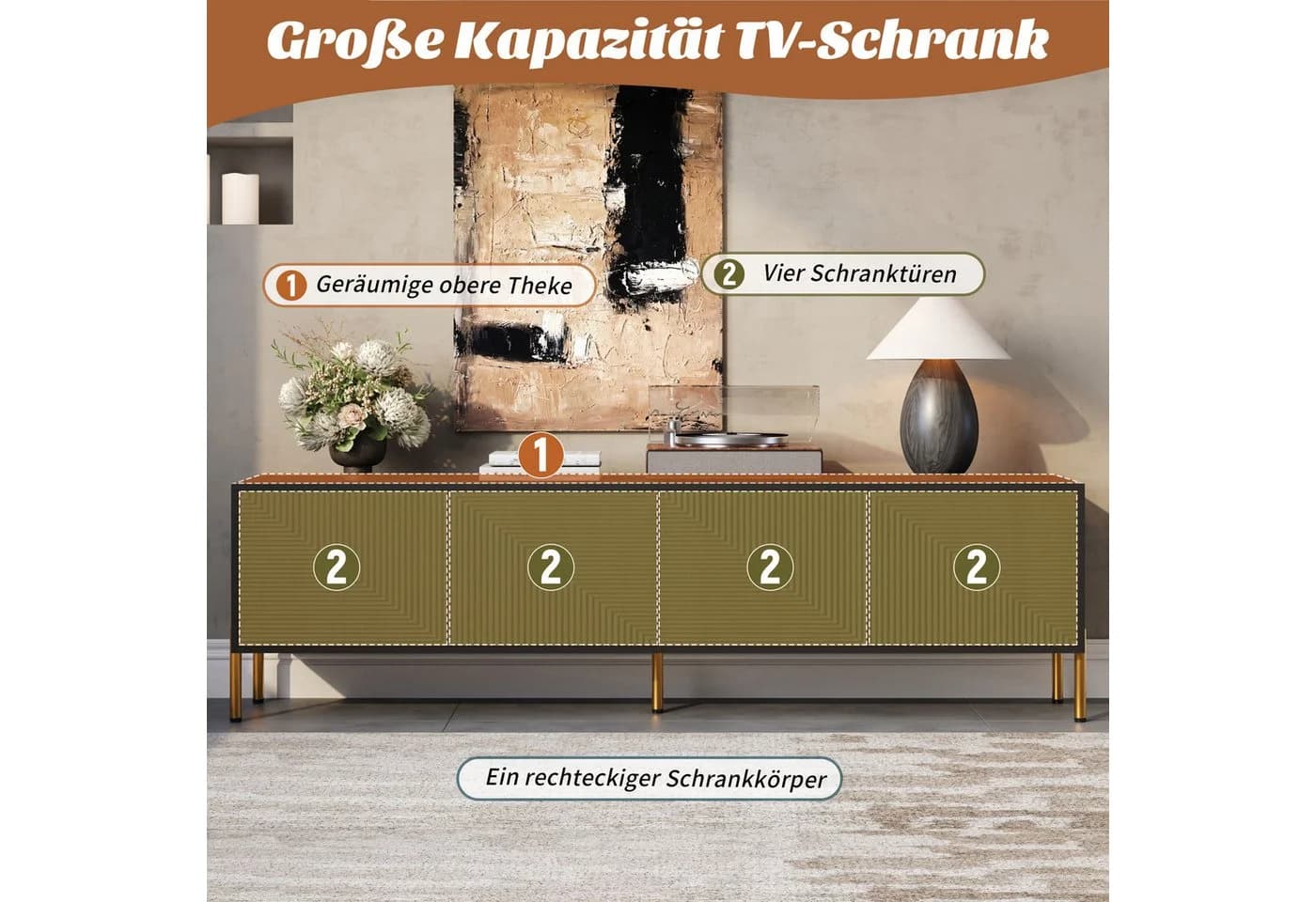 Merax Lowboard Schwarz Gold TV-Schrank Strukturfront - Bild 5