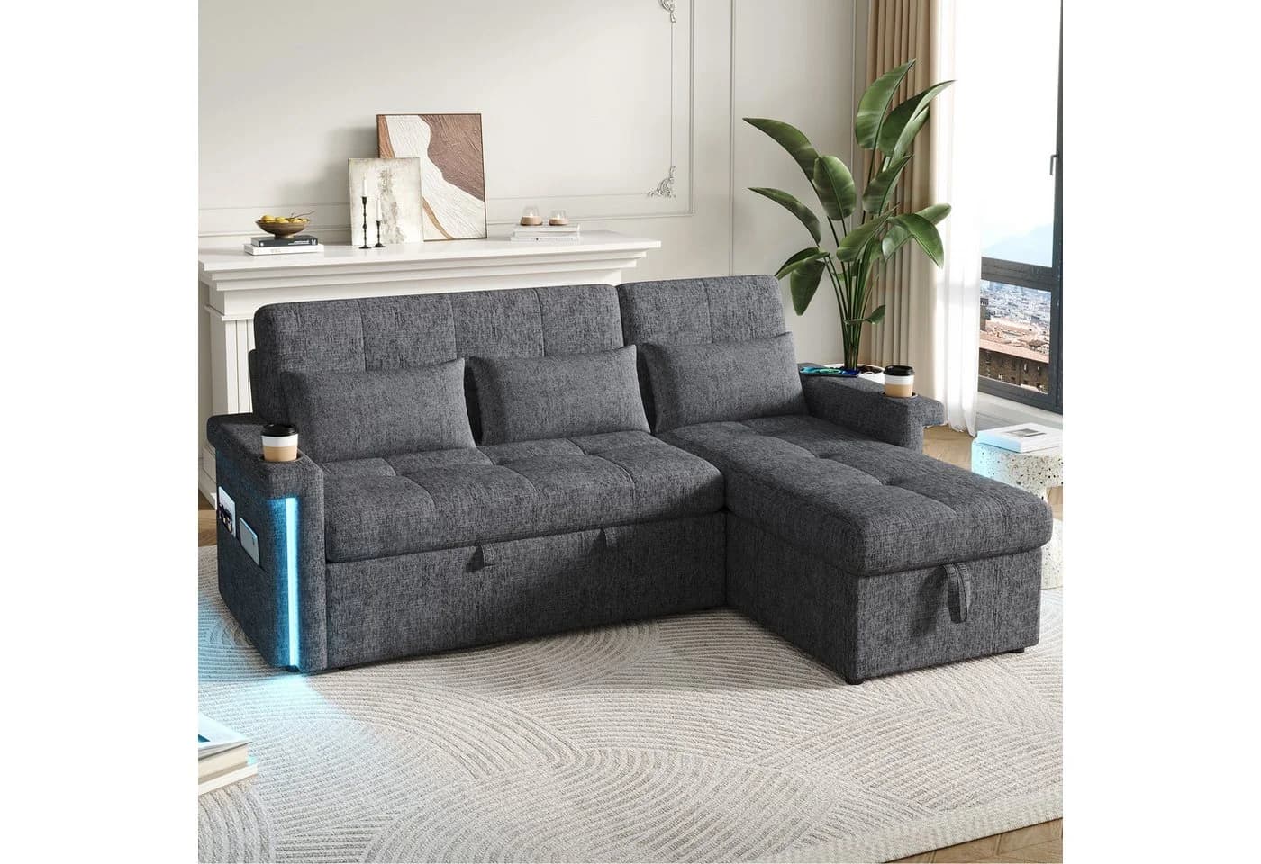 Merax Schlafsofa mit LED & USB, Ecksofa Chenille Beige/Grau