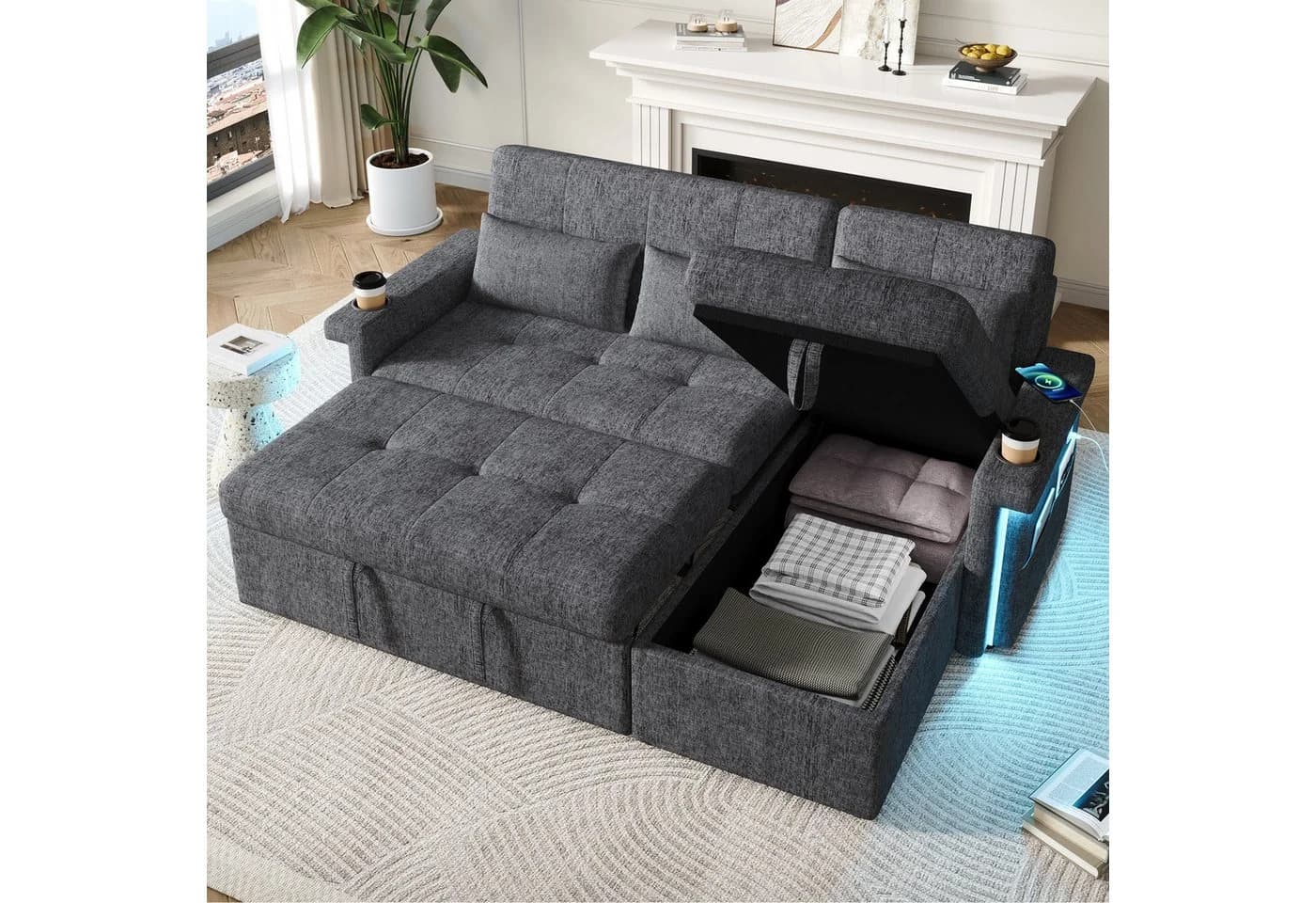 Merax Schlafsofa mit LED & USB, Ecksofa Chenille Beige/Grau - Bild 2