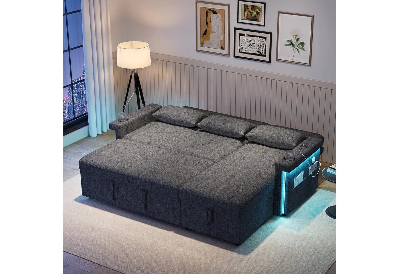 Merax Schlafsofa mit LED & USB, Ecksofa Chenille Beige/Grau - Bild 3