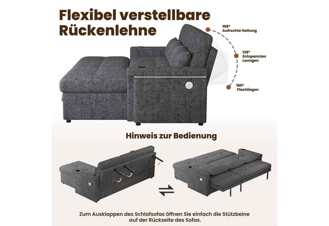 Merax Schlafsofa mit LED & USB, Ecksofa Chenille Beige/Grau - Bild 5