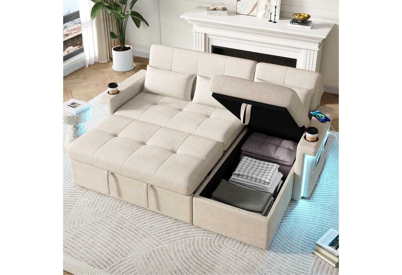 Merax Schlafsofa mit LED-Beleuchtung & USB, Ecksofa mit Schlaffunktion, Chenille - Bild 2