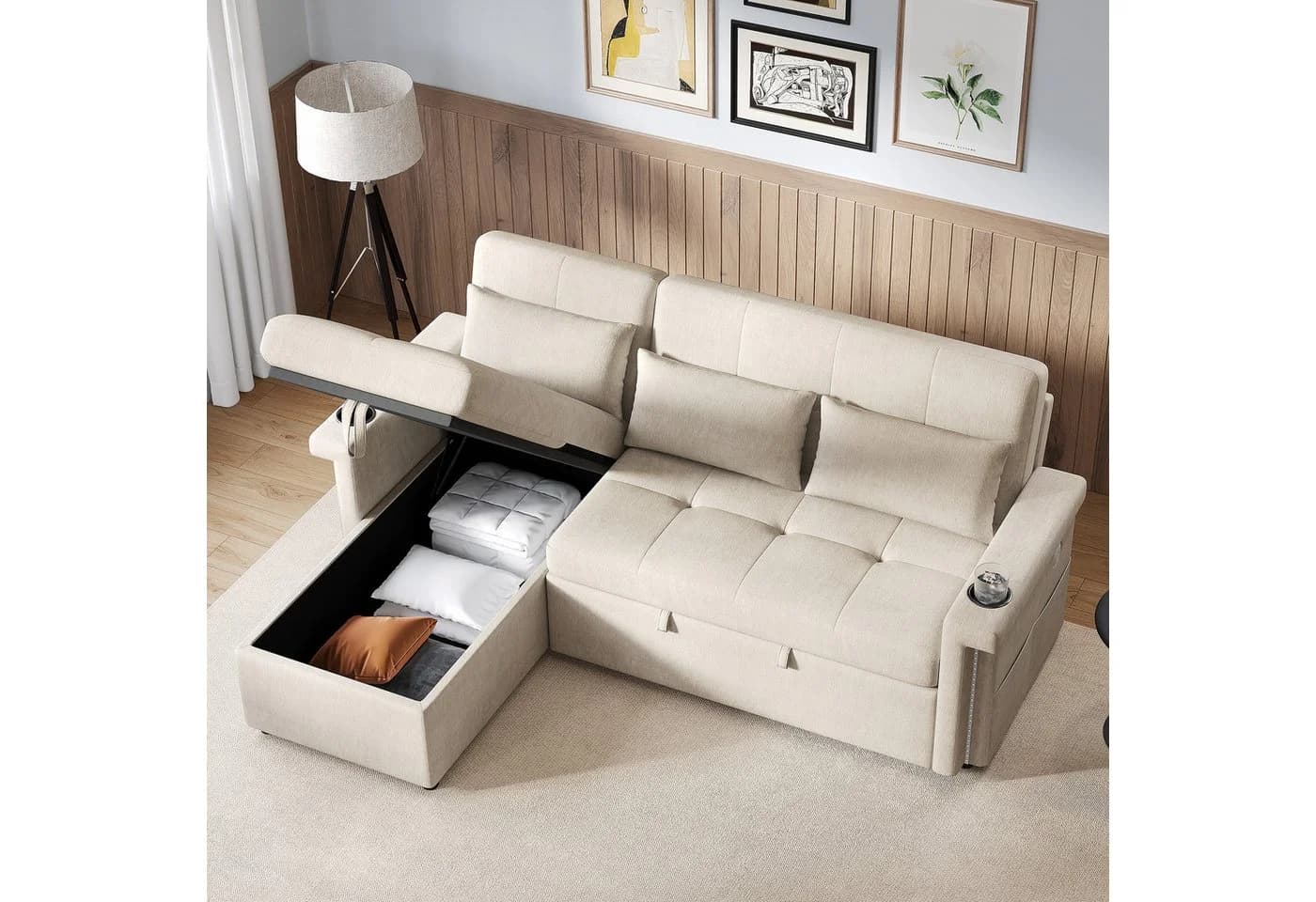 Merax Schlafsofa mit LED-Beleuchtung & USB, Ecksofa mit Schlaffunktion, Chenille - Bild 3