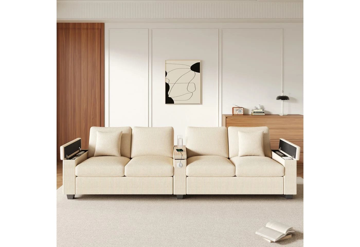 Merax 4-Sitzer Cord Sofa Beige/Grau mit USB & USB-C