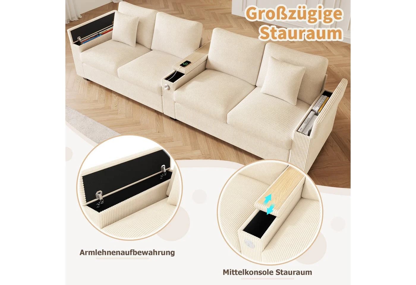 Merax 4-Sitzer Cord Sofa Beige/Grau mit USB & USB-C - Bild 4
