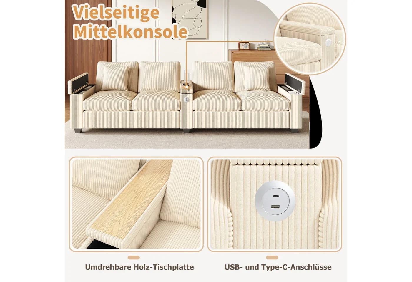 Merax 4-Sitzer Cord Sofa Beige/Grau mit USB & USB-C - Bild 5