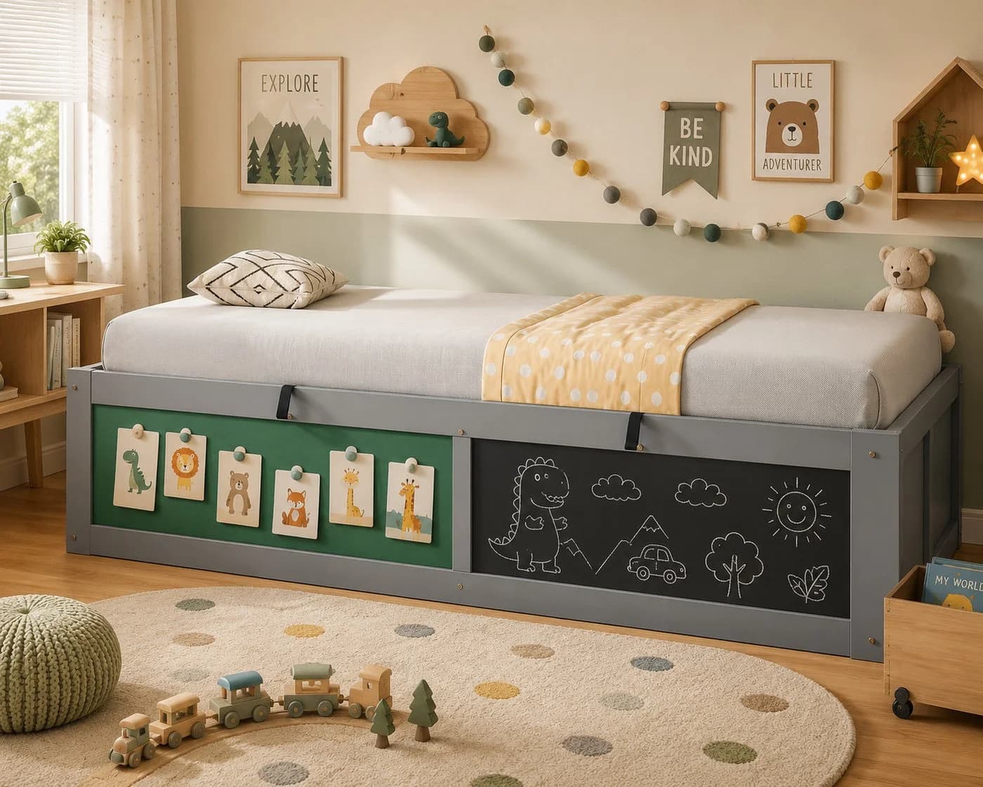 Merax Kinderbett 90x200 mit Stauraum und Kreativtafel Weiß/Grau