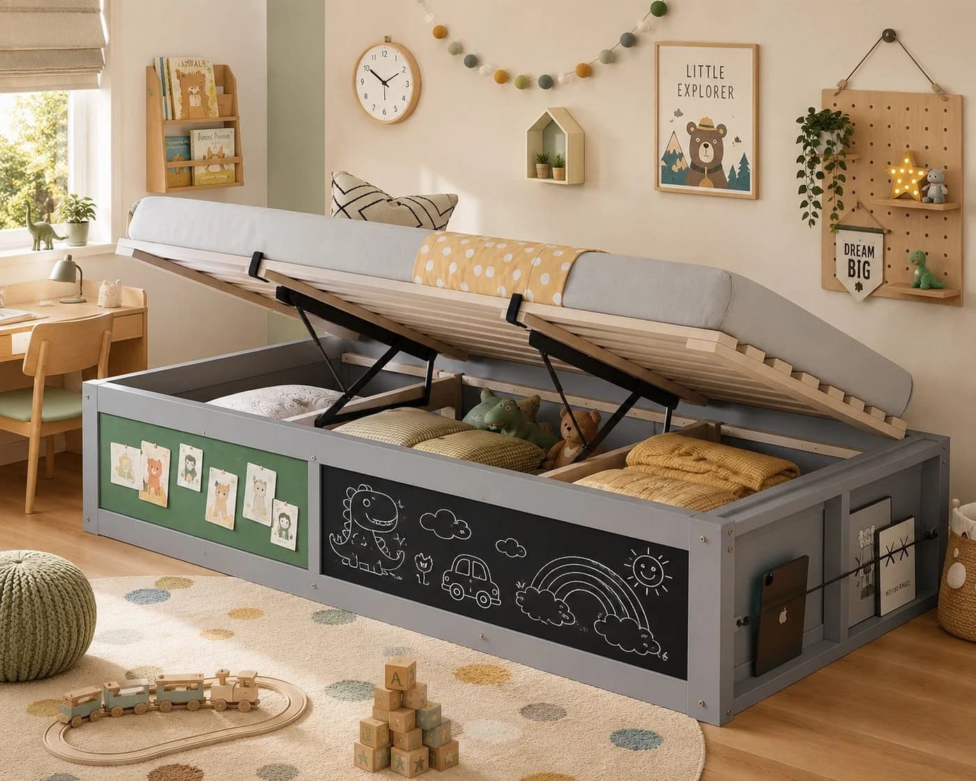 Merax Kinderbett 90x200 mit Stauraum und Kreativtafel Weiß/Grau - Bild 2