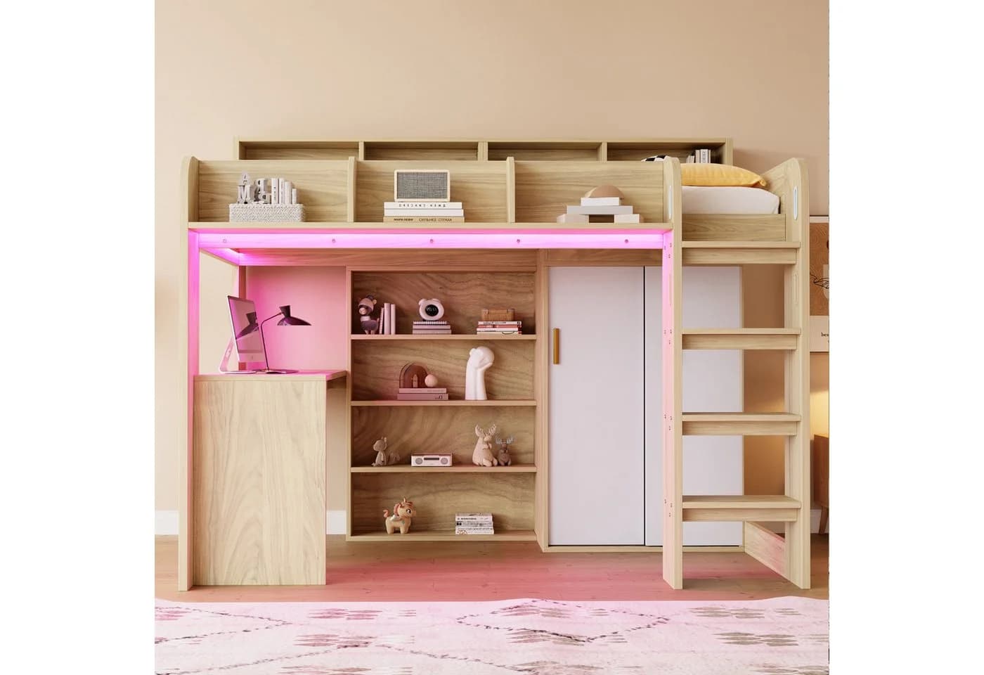 Merax Hochbett mit LED-Licht und Steckdose, in Holzoptik