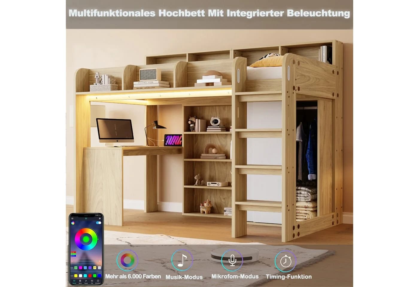 Merax Hochbett mit LED-Licht und Steckdose, in Holzoptik - Bild 5