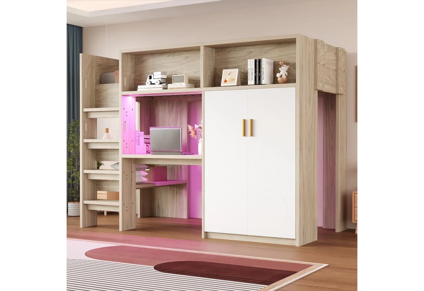 Merax Hochbett mit LED-Beleuchtung und Stauraum 90x200cm mit Schreibtisch, Kleiderschrank & Ablageflächen
