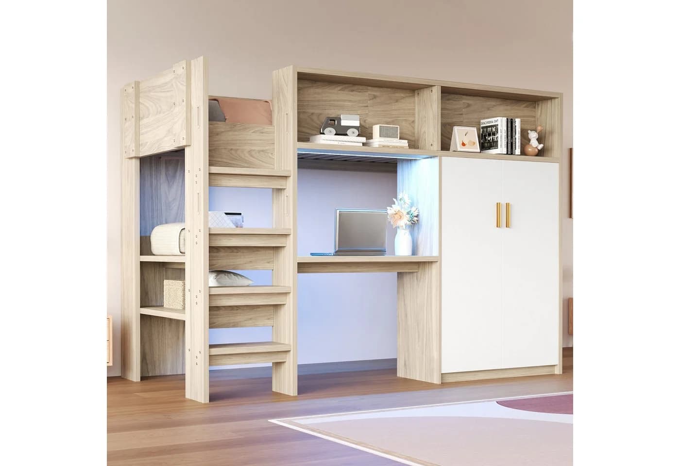 Merax Hochbett mit LED-Beleuchtung und Stauraum 90x200cm mit Schreibtisch, Kleiderschrank & Ablageflächen - Bild 3