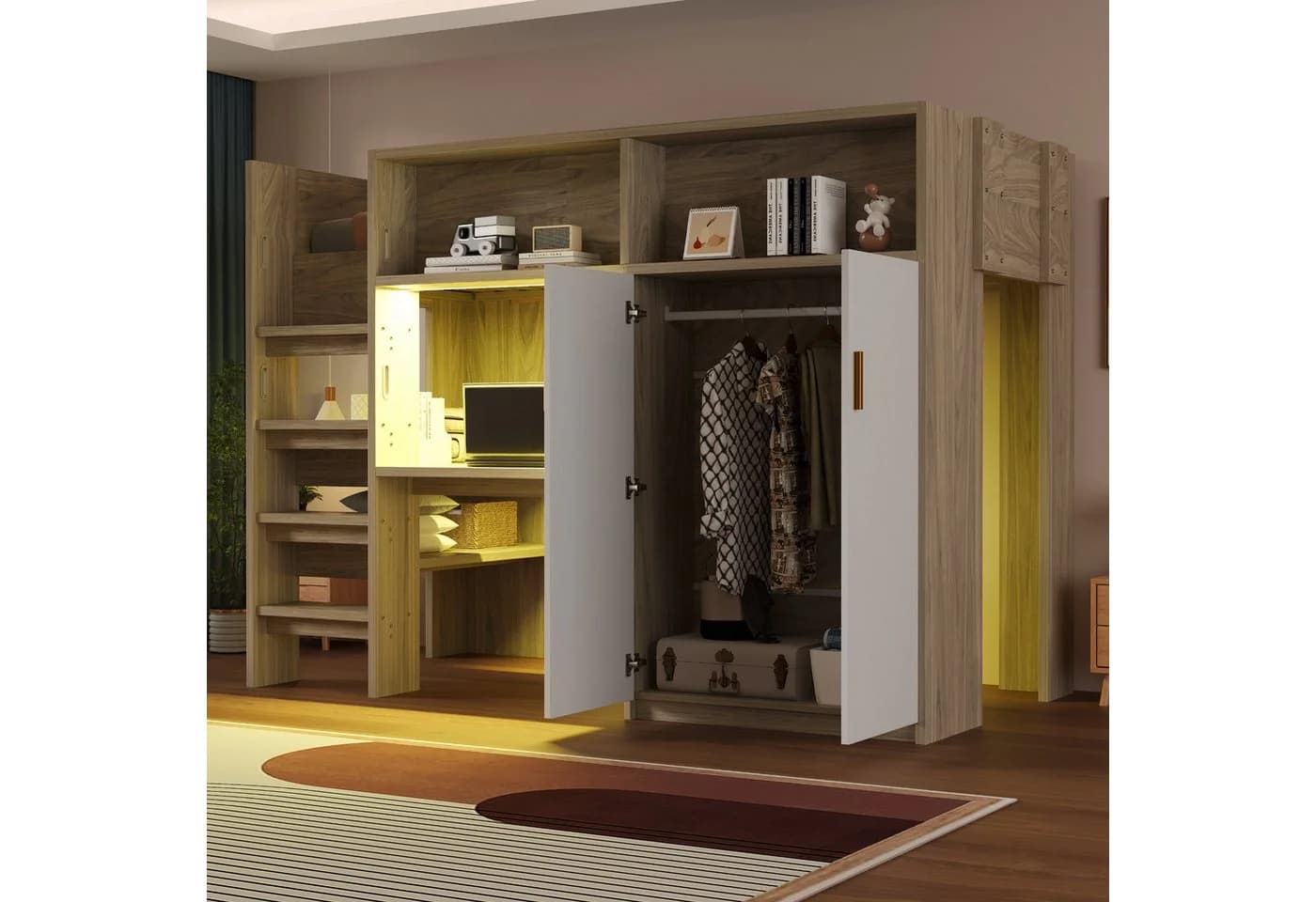 Merax Hochbett mit LED-Beleuchtung und Stauraum 90x200cm mit Schreibtisch, Kleiderschrank & Ablageflächen - Bild 4