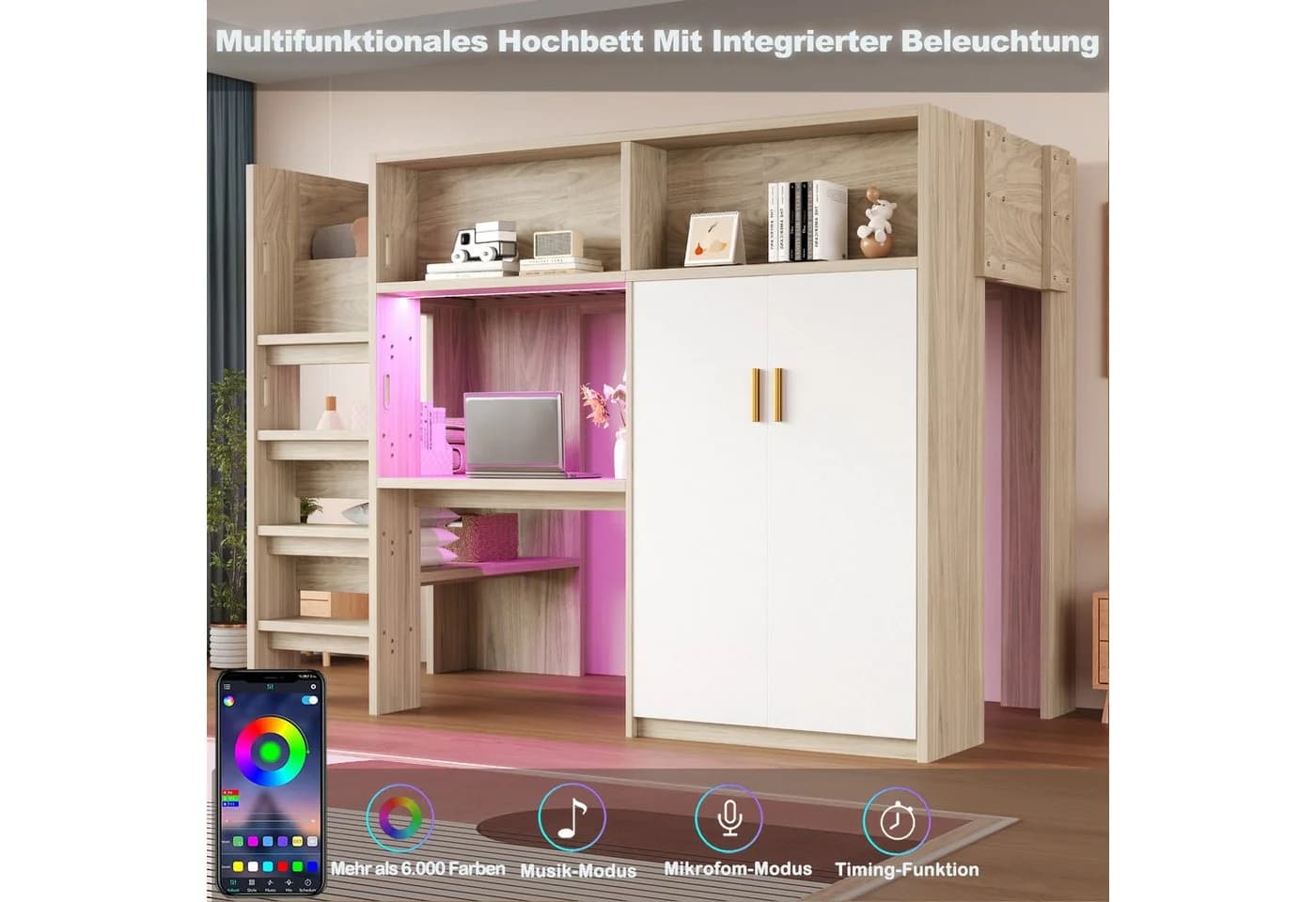 Merax Hochbett mit LED-Beleuchtung und Stauraum 90x200cm mit Schreibtisch, Kleiderschrank & Ablageflächen - Bild 5