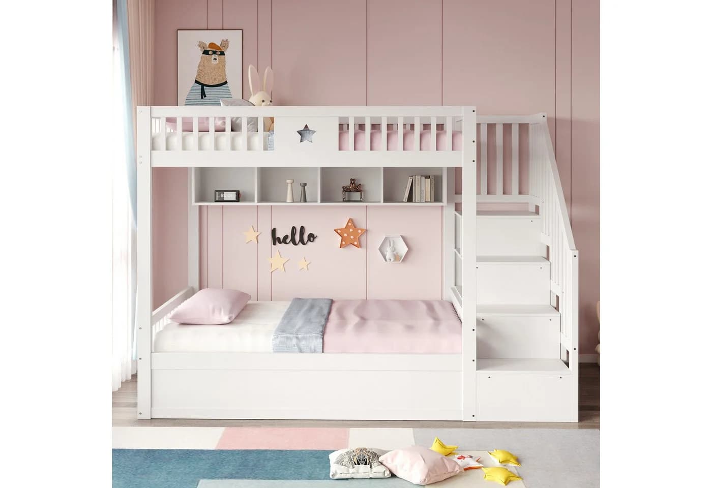 Merax Etagenbett mit hydraulischem Unterbett, Kinderbett 140x200cm mit Stauraumtreppe, Regalen & Sicherheitsgeländer