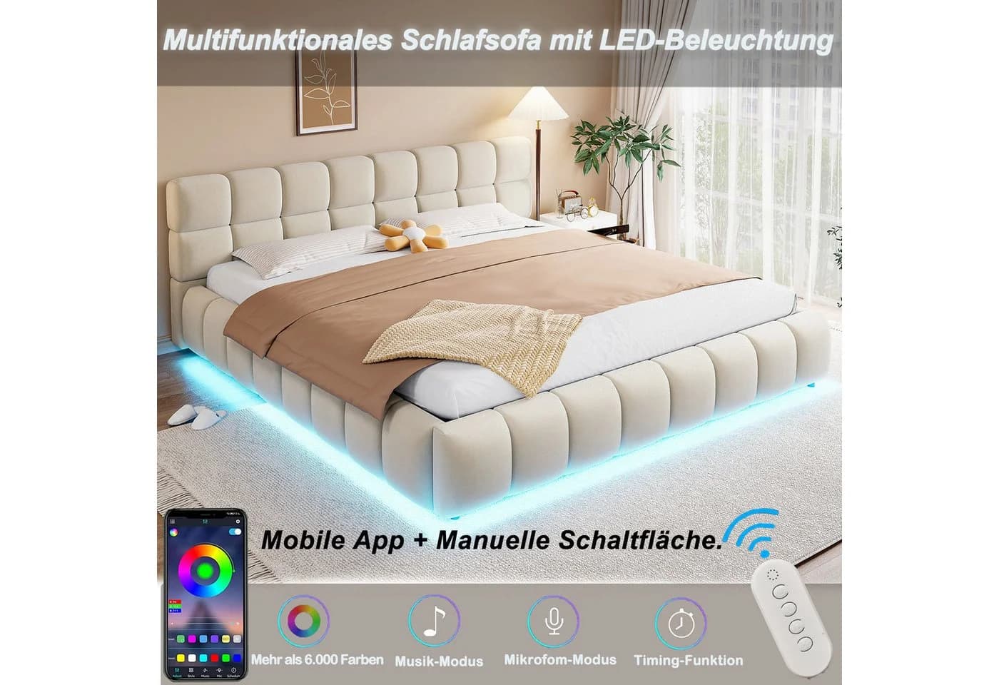 Merax Polsterbett 180x200cm mit LED-Licht & hydraulischem Stauraum - Bild 4