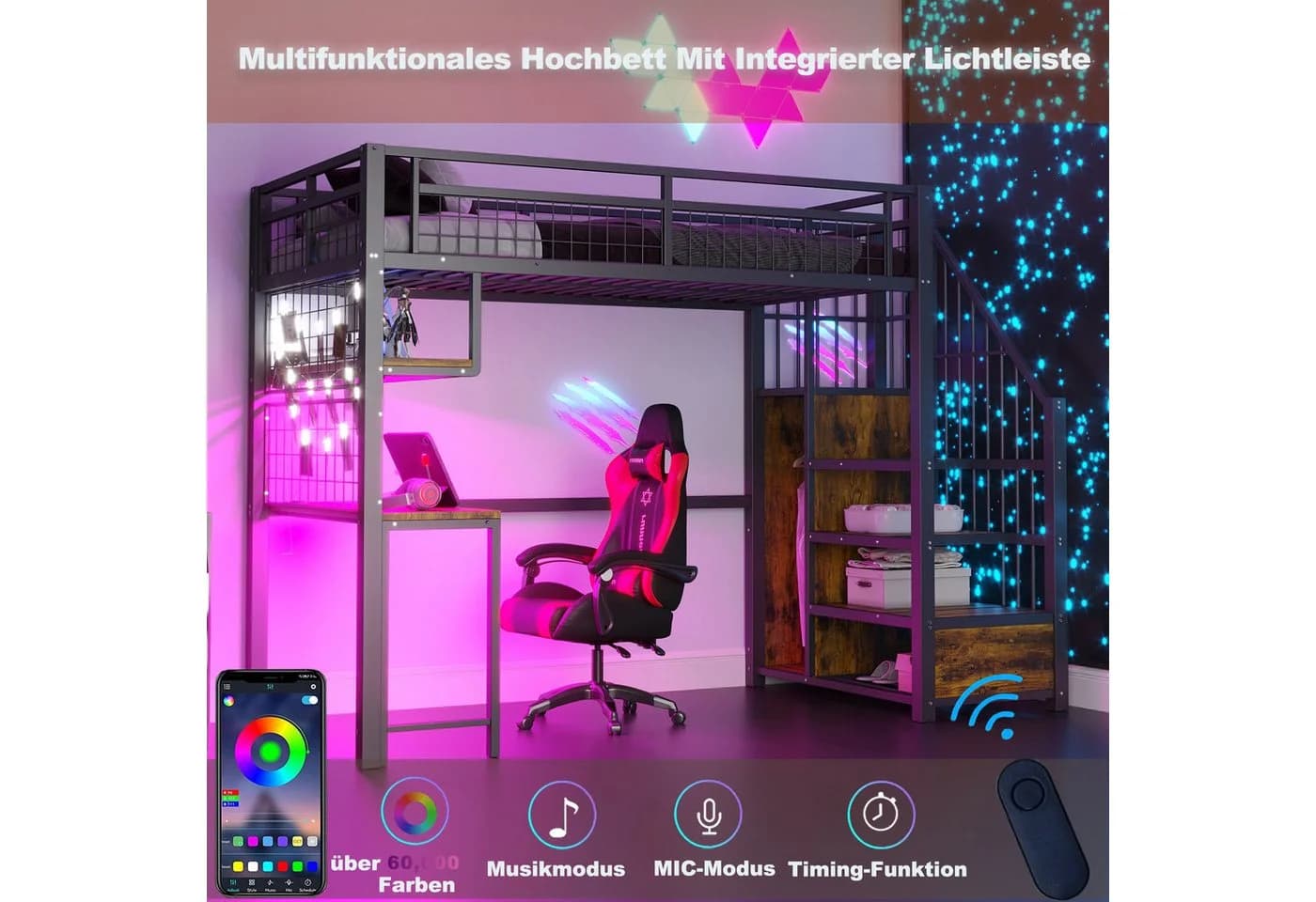 Merax Metall-Hochbett 90x200cm mit LED-Licht & Steckdosen - Bild 4