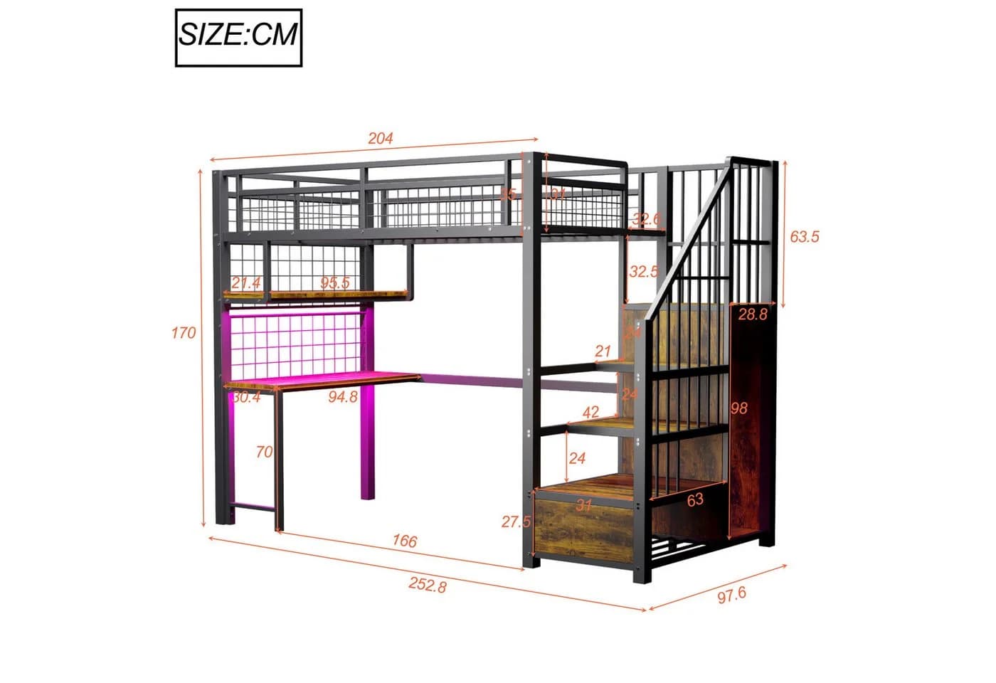 Merax Metall-Hochbett 90x200cm mit LED-Licht & Steckdosen - Bild 5